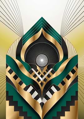 Emerald and Gold Art Deco Geometry — Luxurious Symmetrical Abstract Wall Art