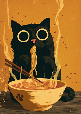 Black Cat Eating Noodles