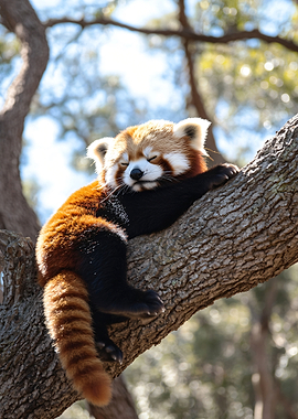 Red Panda Sleeping on a Tree Branch