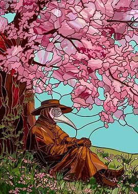 Plague Doctor Under Cherry Blossoms