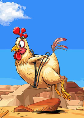 Cartoon Chicken on Slingshot in Desert