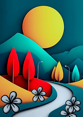 Stylized Landscape with Sun and Trees