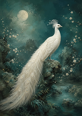 White Peacock Under the Moon