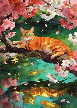 Orange Cat by Cherry Blossoms and Koi Pond