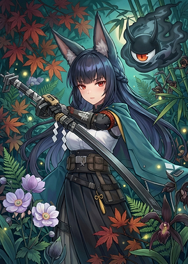 Anime Fox Girl with Sword and Spirit