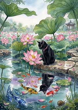 Black Cat and Koi Pond