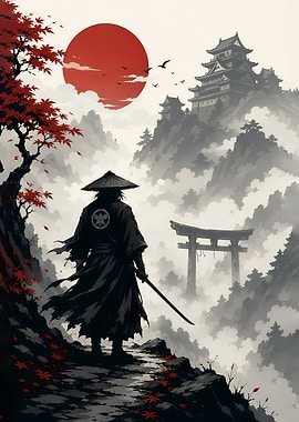 lone Samurai Warrior in Misty Mountains