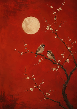 Two Sparrows on a Blooming Branch Under the Moon
