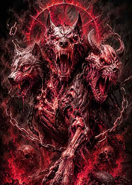 Three-Headed Hellhound with Skulls