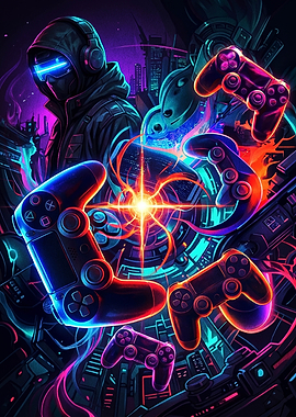 Cyberpunk Gamer with Controllers