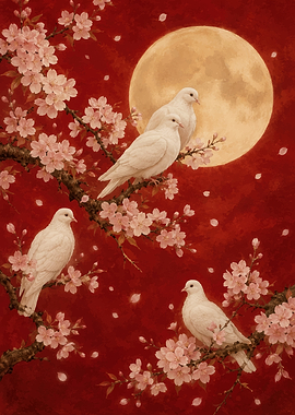 Doves and Cherry Blossoms Under the Moon