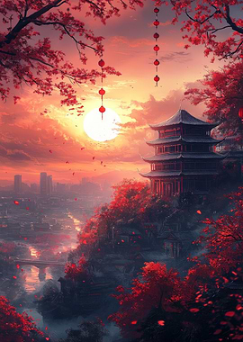 Serene Asian Pagoda at Sunset