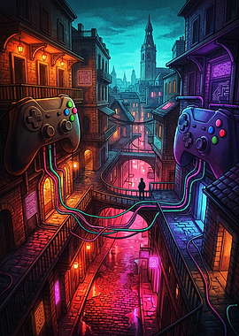 Cyberpunk Cityscape with Gaming Controllers