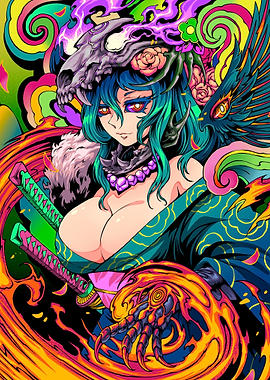 Warrior Woman with Skull Headdress and Swords