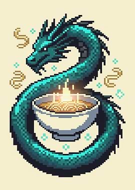 Pixel Art Dragon and Ramen Bowl