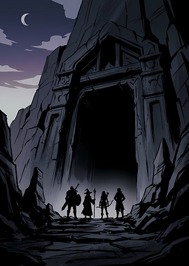 Adventurers at a Dark Cave Entrance
