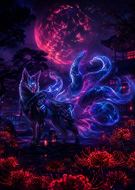 Cyberpunk Kitsune with Nine Tails