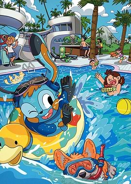 Cartoon characters enjoying a pool party