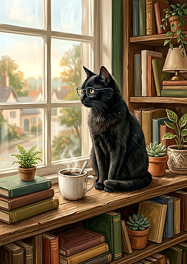 Black Cat with round Glasses by the Window