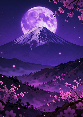 Purple Moonlit Mount Fuji Landscape