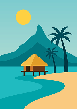 Tropical Beach Hut with Palm Trees