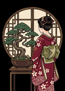 Geisha Admiring Bonsai Tree