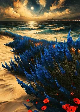 Dreamy Beach Scene with Blue Flowers