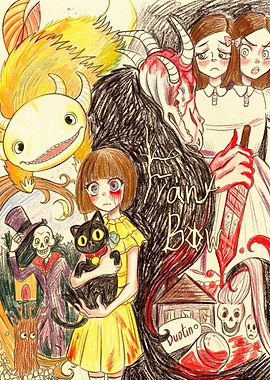 Creepy Girl with Black Cat and Monsters