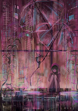 Girl in Rain with Umbrella