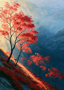 Vibrant Red Trees on a Misty Mountain Slope