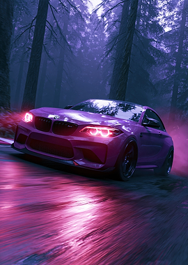Purple BMW M2 in Foggy Forest
