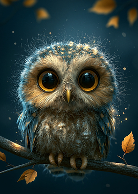 Cute Fluffy Owl on a Branch
