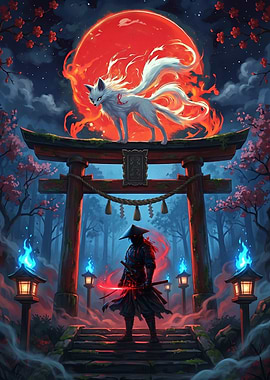 Mythical Fox and Samurai Under Red Moon