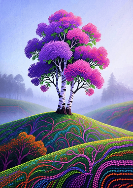 Whimsical Tree with Colorful Hills