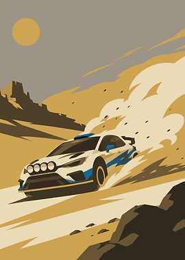 Rally Car Racing Through Desert Landscape