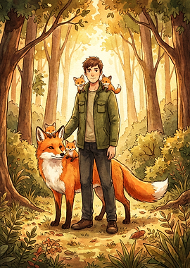 Man with Foxes in Forest