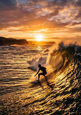 Surfer riding a wave at sunset