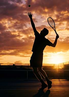 Tennis player serving at sunset