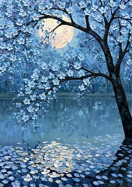 Moonlit Cherry Blossoms Over Water