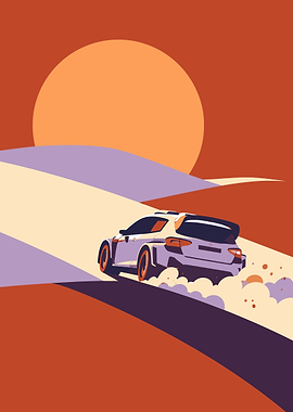 Rally Car Drifting at Sunset