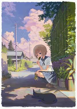 Girl eating ice cream with cat