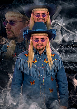 Man in Cowboy Hat and Butterfly Shirt