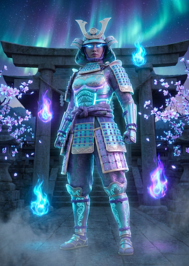 Samurai Warrior with Blue Flames