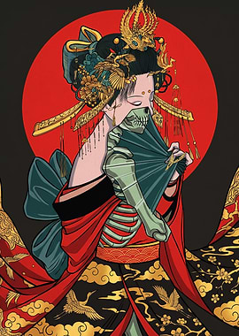 Geisha Skeleton with Fan