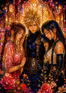 Cloud, Tifa, and Aerith in Stained Glass