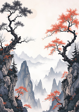 Misty Mountain Landscape with Autumn Trees