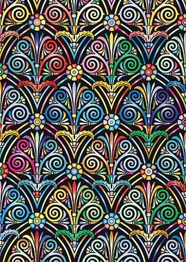 Colorful Ornamental Spiral Pattern — Bohemian Folk Art Psychedelic
