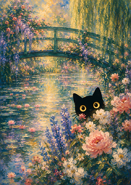 Black Cat in a Monet Garden