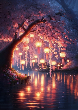 Enchanting Cherry Blossoms and Lanterns by the Water