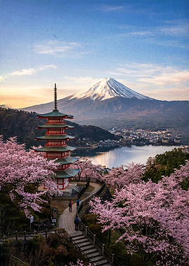 Mount Fuji and Pagoda in Bloom
